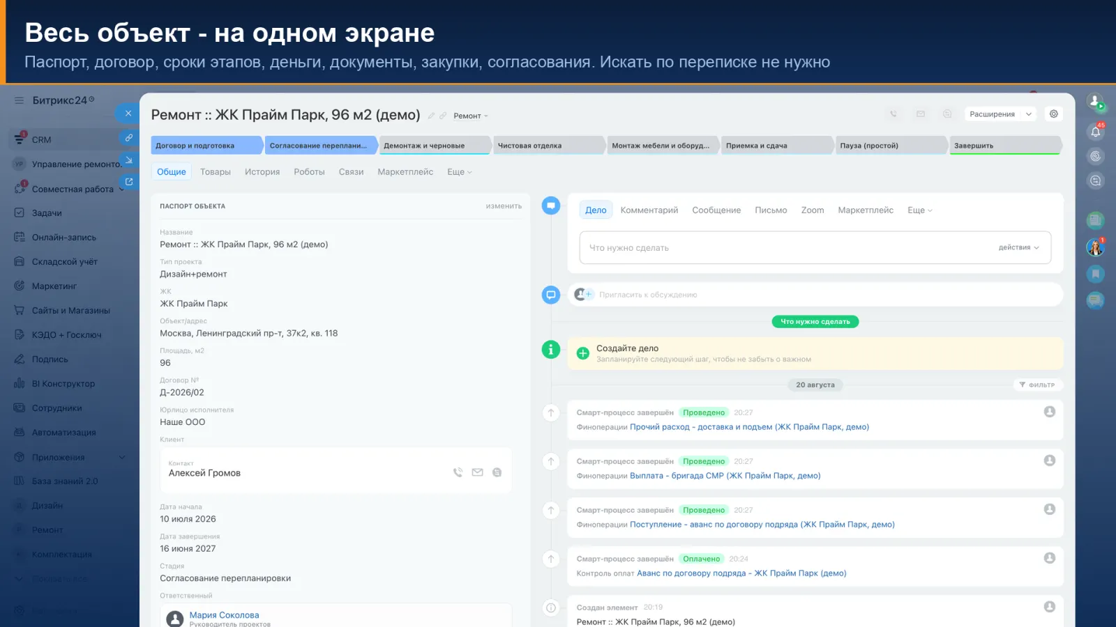 Карточка объекта: адрес, площадь, бюджет, сроки этапов